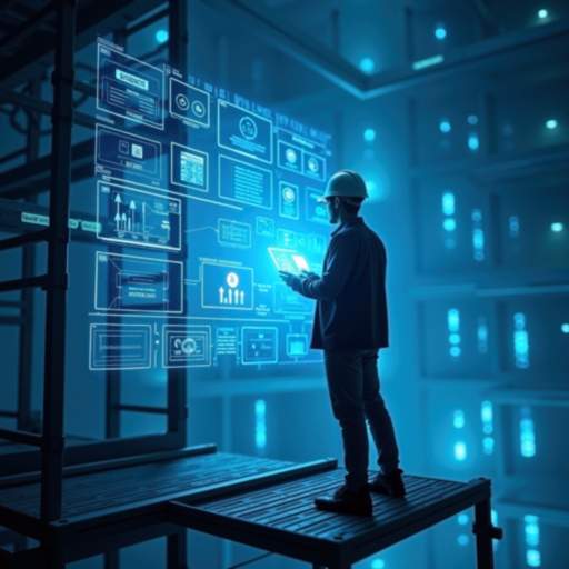 A tech architect examining digital schematics, representing the setup phase of Microsoft 365 tenant configuration